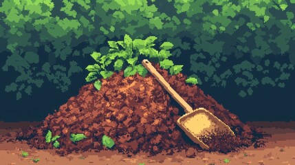 Pixel Art Gardening Scene with Compost Pile and Shovel Lush Greenery Background