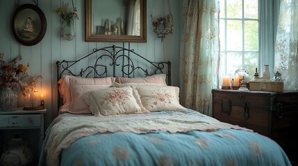 A delicate feminine bedroom with pastel blue and blush pink accents, a vintage iron bed with embroidered cushions, warm candlelight reflecting on an antique mirror,