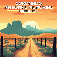 Coronado Memorial sunset trail vector. Flat design showing the desert landscape and path. Ideal for travel and nature themes. © EFORIA