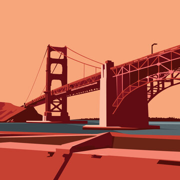 Fort Point Golden Gate vector. Flat design showing the iconic bridge and historic site. Ideal for travel and landmark themes.