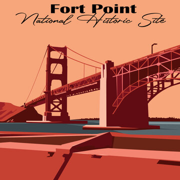 Fort Point Golden Gate vector. Flat design showing the iconic bridge and historic site. Ideal for travel and landmark themes.