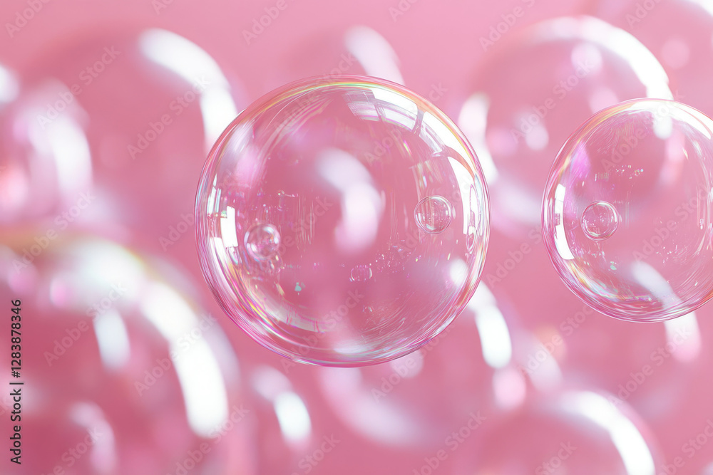 Poster Close-up of iridescent soap bubbles floating against a soft pink background.