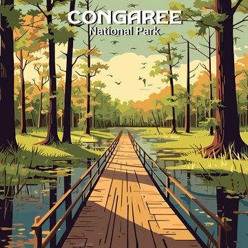 Congaree boardwalk vector landscape. Flat design showing the iconic boardwalk through the swamp. Ideal for travel and nature themes.