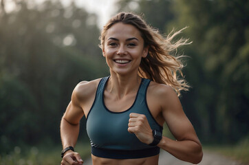 Fototapeta premium Portrait of a young Girl running in a park. Smiling.