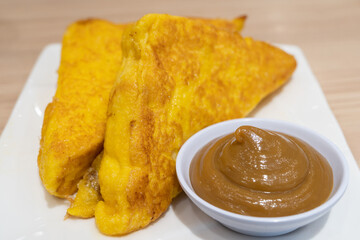 Egg toast with kaya on the plate