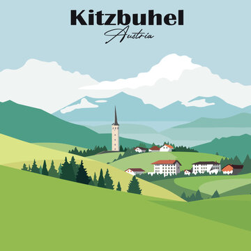 Kitzbuhel Austria Alpine village vector. Flat design showing the iconic landscape. Ideal for travel and nature themes.