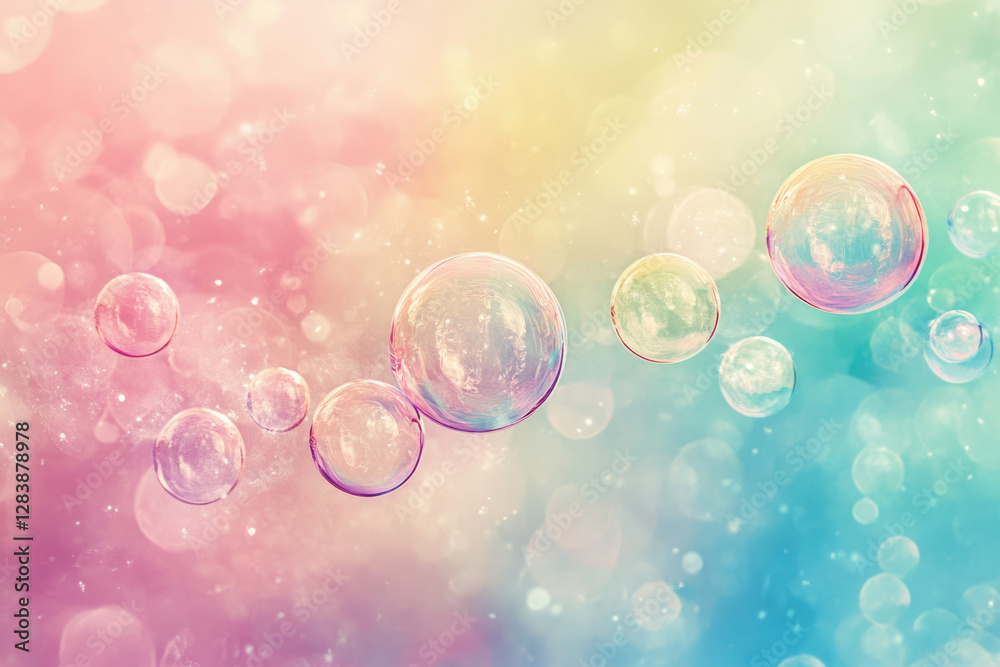 Poster Pastel-colored soap bubbles float in a dreamy, bokeh-filled background.