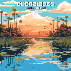 Everglades sunset wetland vector. Flat design showing the iconic swamp scenery and sunset. Ideal for travel and nature themes. © EFORIA