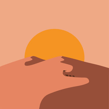 Sahara, Morocco vector art. Camel caravan at sunset. Vintage travel poster design.