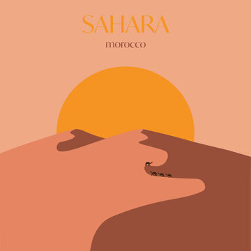 Sahara, Morocco vector art. Camel caravan at sunset. Vintage travel poster design.