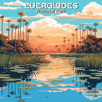 Everglades sunset wetland vector. Flat design showing the iconic swamp scenery and sunset. Ideal for travel and nature themes.
