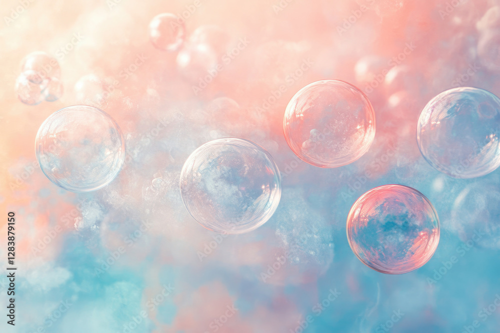 Poster Pastel-colored bubbles float in a dreamy, ethereal sky, creating a whimsical and serene atmosphere.