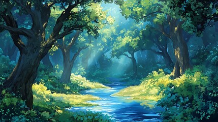 Sunlit Stream in a Lush Digital Forest Painting AI Generated
