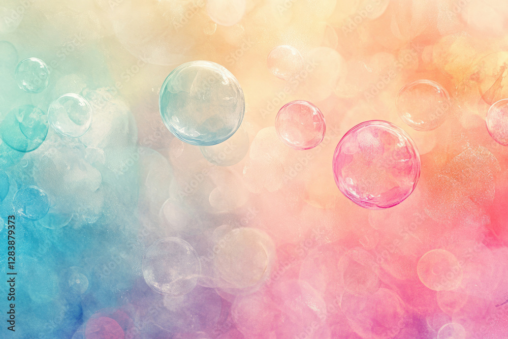 Poster Pastel-colored bubbles float on a dreamy, blurred background, creating a whimsical and ethereal atmosphere.