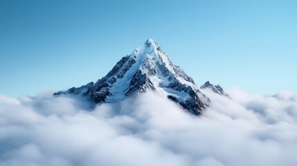 Solitary Mountain Peak Shrouded in Morning Mist and Soft Clouds