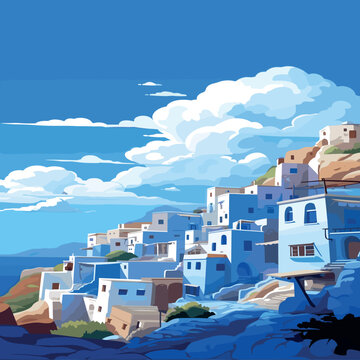 Chefchaouen hillside vector illustration. Flat design showing the iconic blue and white houses. Ideal for travel and cultural themes.