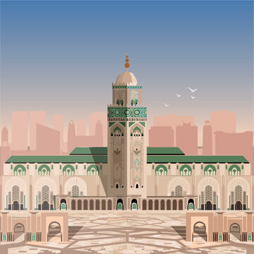 Casablanca Hassan II Mosque vector illustration. Flat design featuring the iconic architecture. Ideal for travel and cultural themes.