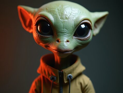 Studio portrait of friendly alien wearing modern clothes