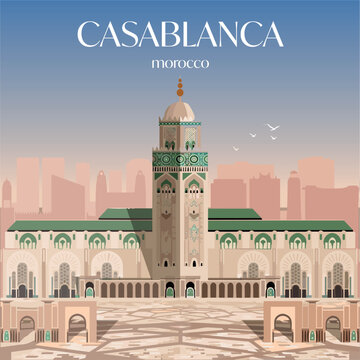 
Casablanca Hassan II Mosque vector illustration. Flat design featuring the iconic architecture. Ideal for travel and cultural themes.