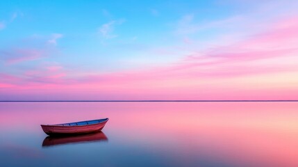 Naklejka premium Tranquil Bay Scene with Small Fishing Boat at Sunset Reflection