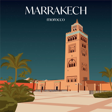 Marrakech, Morocco vector illustration of Koutoubia Mosque. Flat design landmark, ideal for travel and cultural themes.