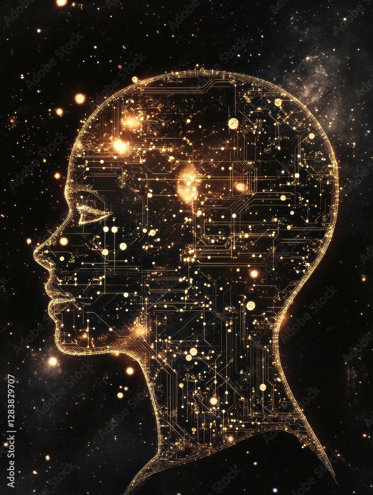 Poster Silhouette of a human head with glowing quantum circuits representing advanced technology and artificial intelligence concepts. Generative AI