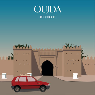 Vintage travel poster style, Oujda, Morocco. City gate, taxi. Retro, graphic, travel art.