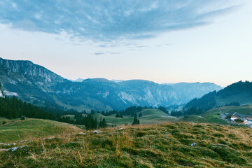 Fototapeta premium Tranquil Alpine Meadows in the Evening, Blue hour, Switzerland, Bernese highland