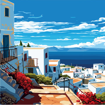 Vintage travel stamp style illustration. Coastal town view, white buildings, blue sea. Retro, graphic, travel art.