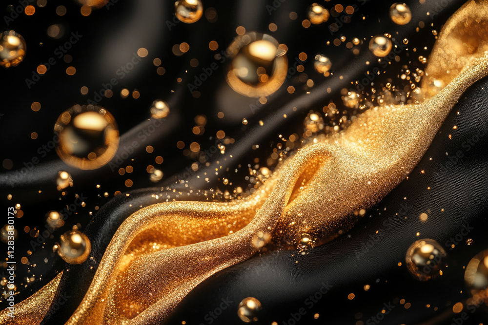 Poster golden glitter flows on black silk, creating a luxurious and elegant effect with shimmering droplets