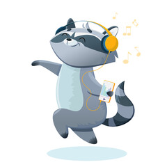 Children's illustration, raccoon wearing headphones. Vector isolated graphics on a white background