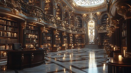 Obraz premium A grand baroque-style library, golden-trimmed bookshelves stretching toward a domed ceiling adorned with frescoes, marble floors reflecting the glow of an elaborate chandelier,