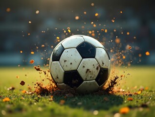 Fototapeta premium Soccer ball impacting ground with explosive force