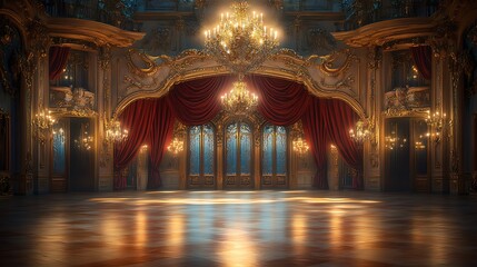 Obraz premium A lavish Rococo-style ballroom, adorned with elaborate frescoes, sparkling chandeliers casting shimmering reflections, and velvet drapes framing the gilded double doors. Dreamy, intricate details,