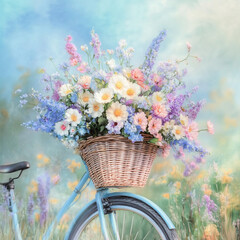 A bicycle with a basket full of flowers