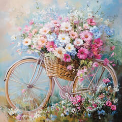 A bicycle with a basket full of flowers
