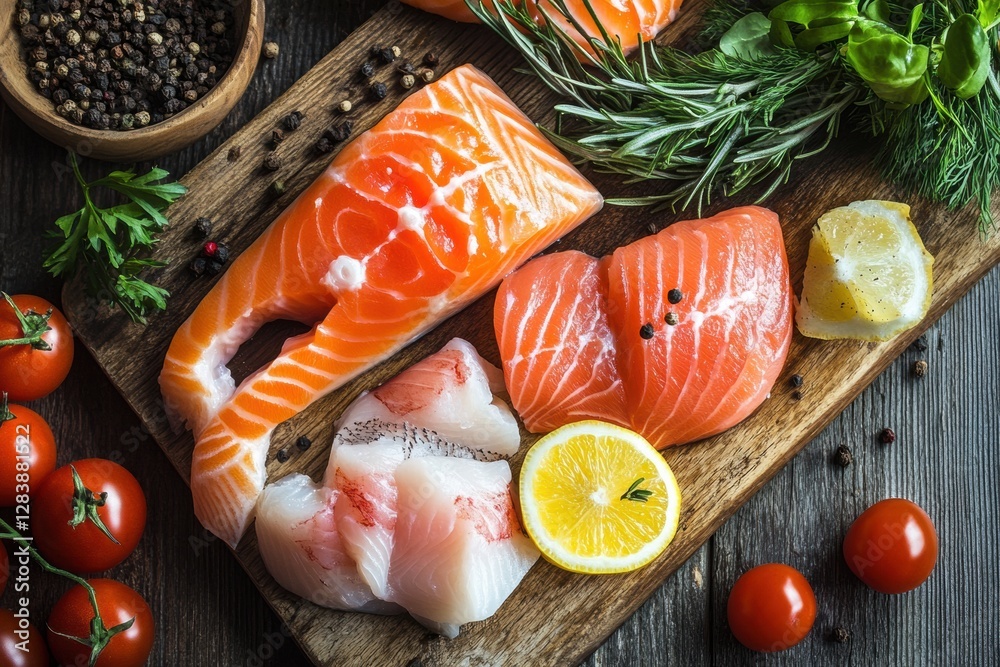 Poster fresh salmon fillets and vegetables on wooden cutting board with herbs and spices displayed for meal