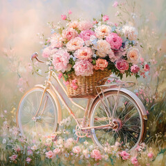 A bicycle with a basket full of flowers