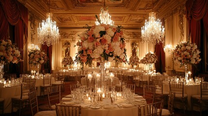 A luxurious 19th-century ballroom set for an extravagant gala, candlelit chandeliers, gleaming silver tableware, towering floral centerpieces, and plush velvet draperies. Romantic, classic elegance,