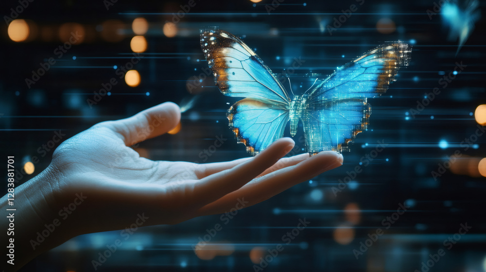 Poster digital butterfly spreading its wings on a hand, generating lines of code and data visualization