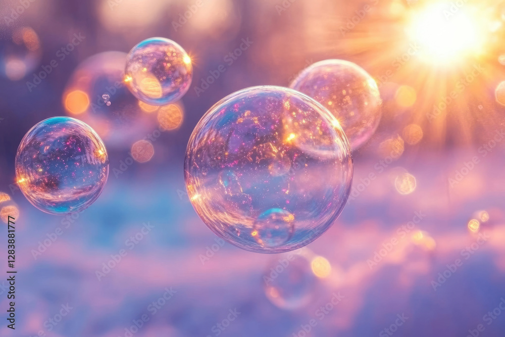 Poster magical iridescent soap bubbles float in a sunset, reflecting warm light and creating a dreamy atmos