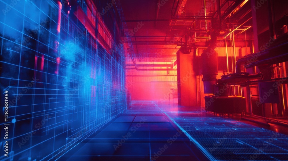 Poster thermal imaging analysis reveals gas leak with distinctive blue and red heat signatures in industria