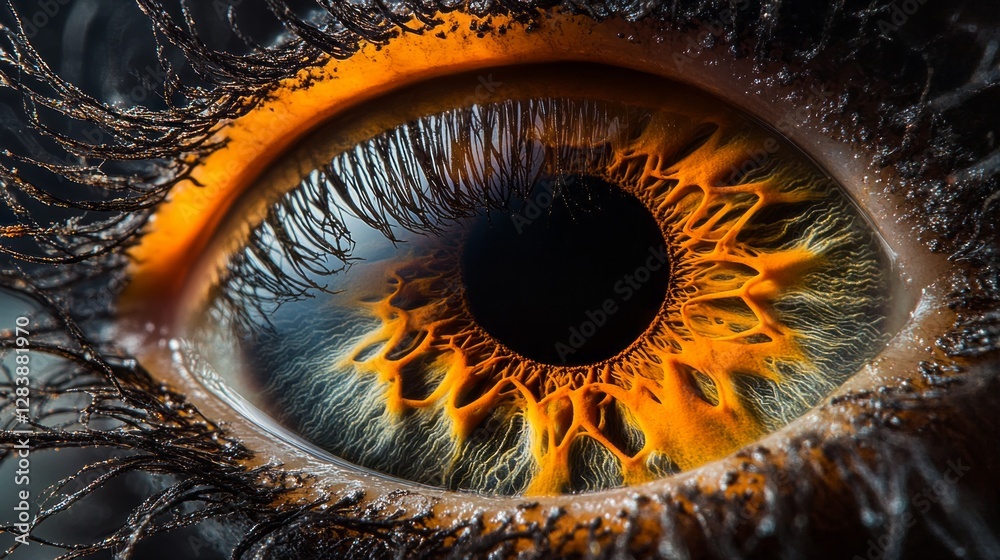 Poster exploration of a mesmerizing eye close-up showcases fiery orange hues and intricate details within t