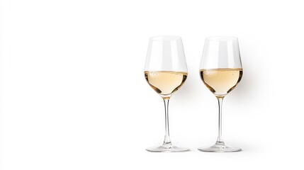 Two Elegant Wine Glasses with White Wine on a Minimalist Background