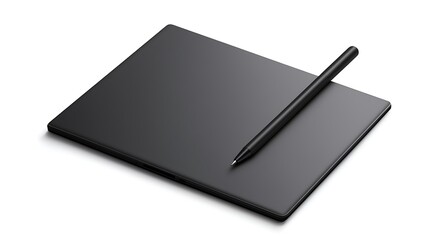 Black digital tablet with stylus pen on white background enhancing creativity and modern technology experience