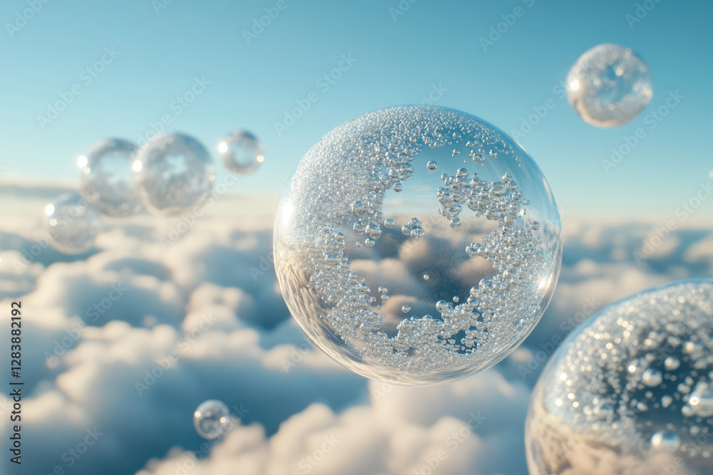 Poster floating transparent spheres filled with smaller bubbles, above a fluffy cloud landscape under a bri