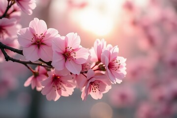 Obraz premium Close-up of Cherry Blossoms in Soft Warm Light