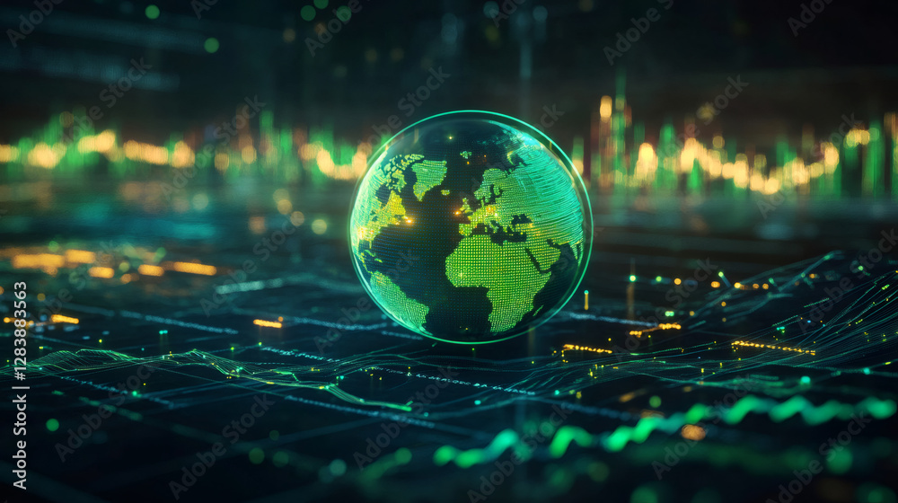 Fototapete digital green planet earth is rotating above futuristic big data network connections, visualizing bu
