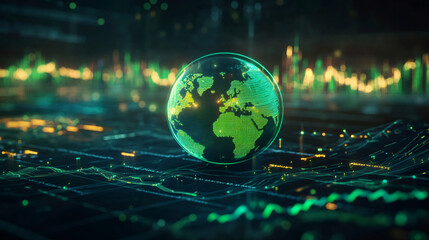 Digital green planet Earth is rotating above futuristic big data network connections, visualizing business and technology concepts