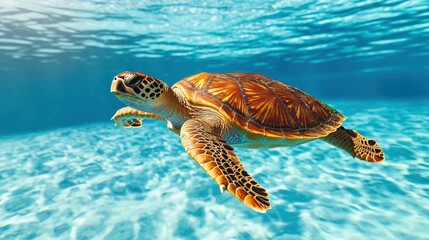 Fototapeta premium Turtle swimming in a pool with blue background underwater photography of marine life
